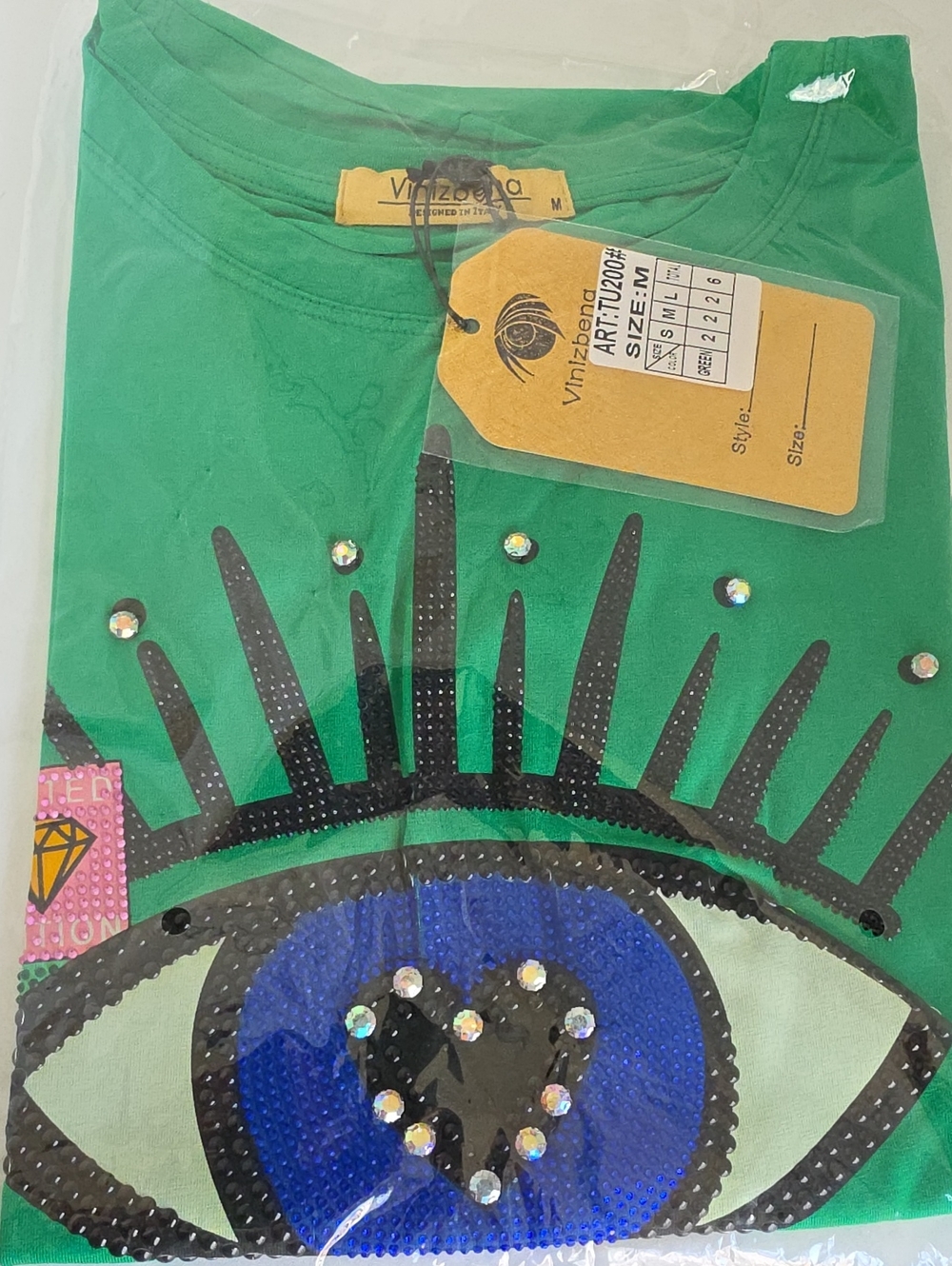 Evil Eye Rhinestone Graphic Tee Green Heart Studded Shirt NWT M - Picture 10 of 10